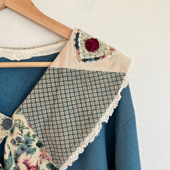 Vintage DIY Grandma Sweatshirt Cardigan M? Blue Shawl Collar Patchwork Button Up - Picture 2 of 10